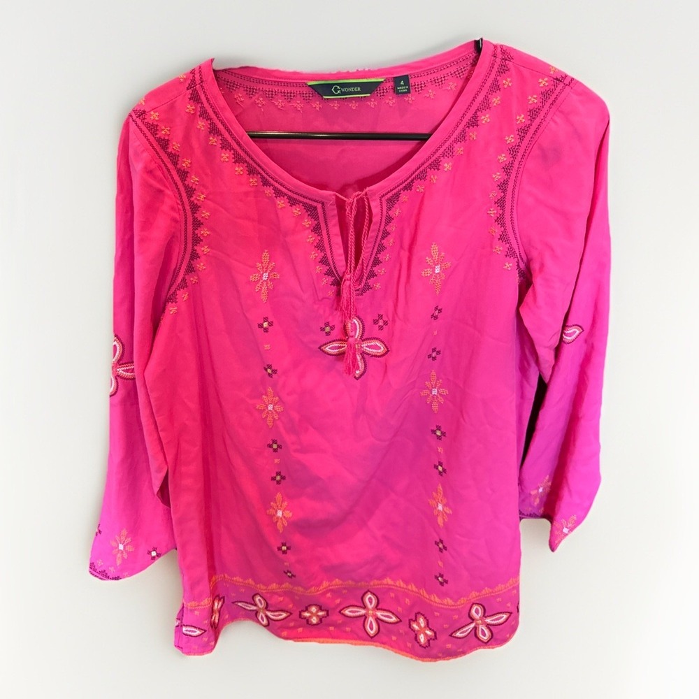 C WONDER Top Womens 4 Boho Floral Embroidered‎ Tunic Tie Neck Long Sleeve Pink
